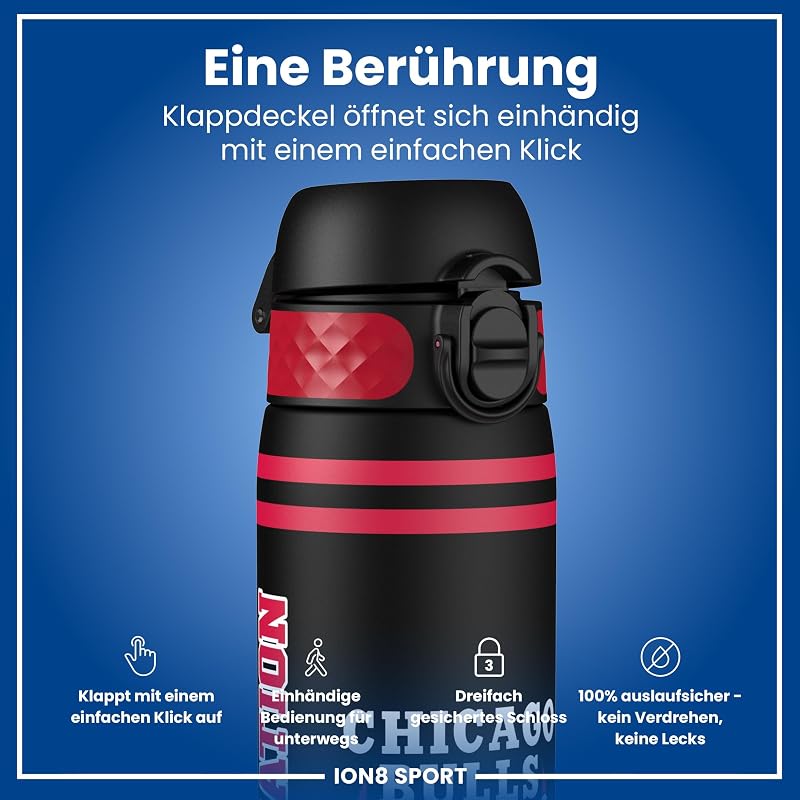NBA Chicago Bulls Trinkflasche, 500 ml, Auslaufsicher, Einhandöffnung, Sichere Verriegelung, Spülmaschinenfest, BPA-frei, Tragegriff, Klappdeckel, Leicht zu Reinigen