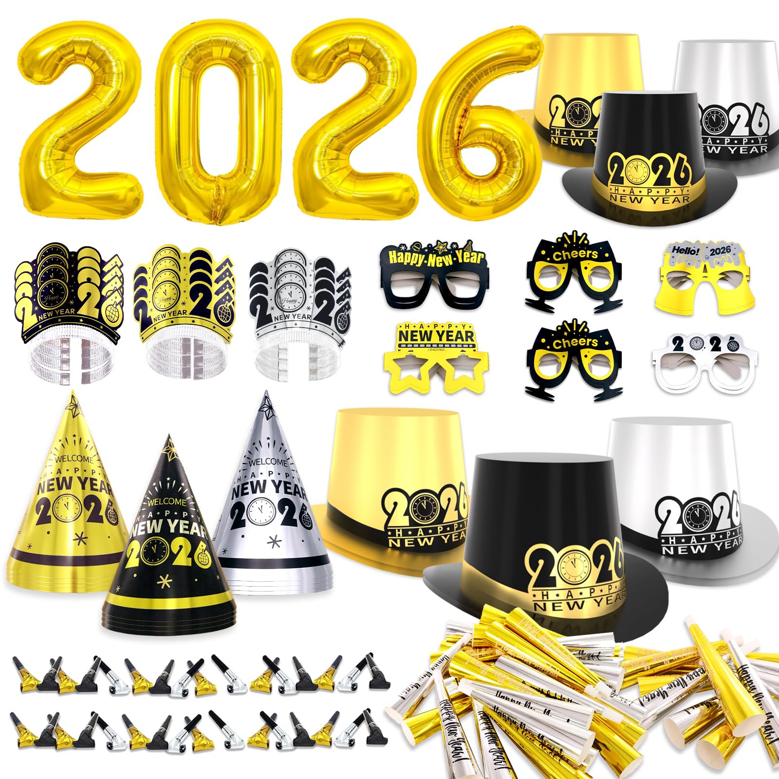 Photo 1 of New Years Eve Party Supplies 2026 for 45 Guests, Happy New Years Decorations Party Favors Includes Top Hats, Tiaras, Glasses Accessories for Adults Kids Nye Decorations 2026