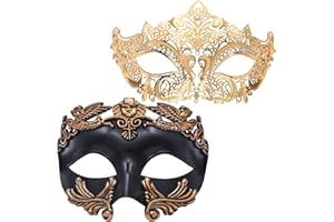 MYSEUNI Masquerade Mask for Couple - Roman Greek Man Mask & Venetian Metal Women Mask for Masquerade Ball Mardi Gras