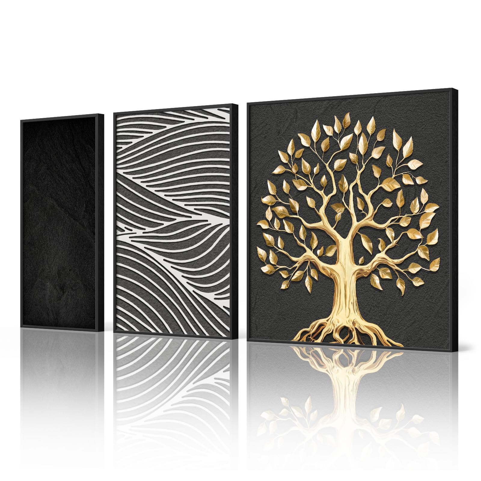 Photo 1 of (see all images) Framed Large Tree Wall Art for Living Room, Set of 3 Piece Black and White Gold Canvas Artwork for Walls, Modern Gold Tree Paintings