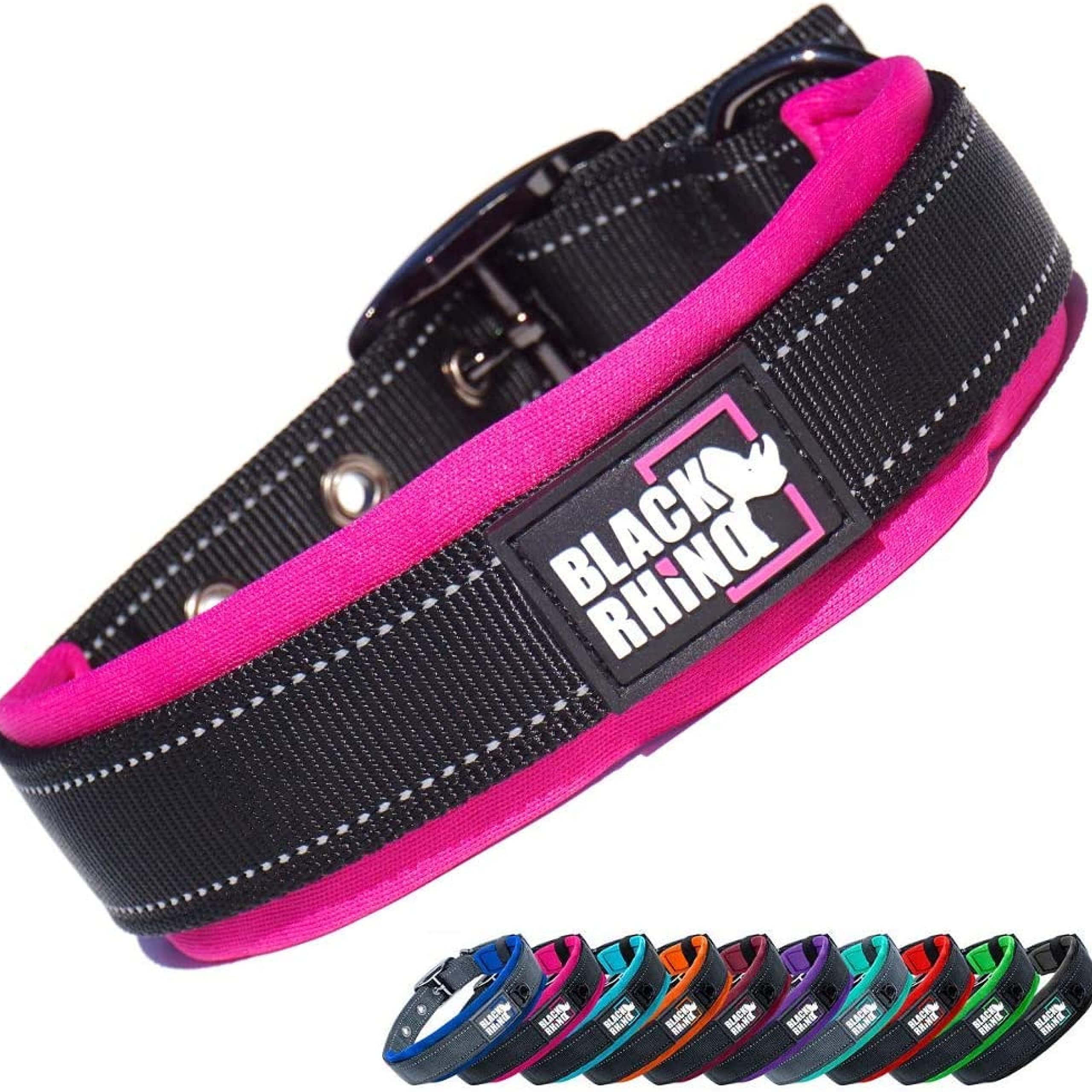 Black Rhino Dog Collar - Heavy-Duty Adjustable and Reflective Waterproof Wide Collars - Soft Neoprene Padded Dog Collar Suitable for All Breeds - Ideal Fit for Active Dogs - Large, Pink and Black