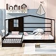 Merax House Bed Twin Size, 2 Twin Solid Bed L Structure with Fence and slatted Frame
