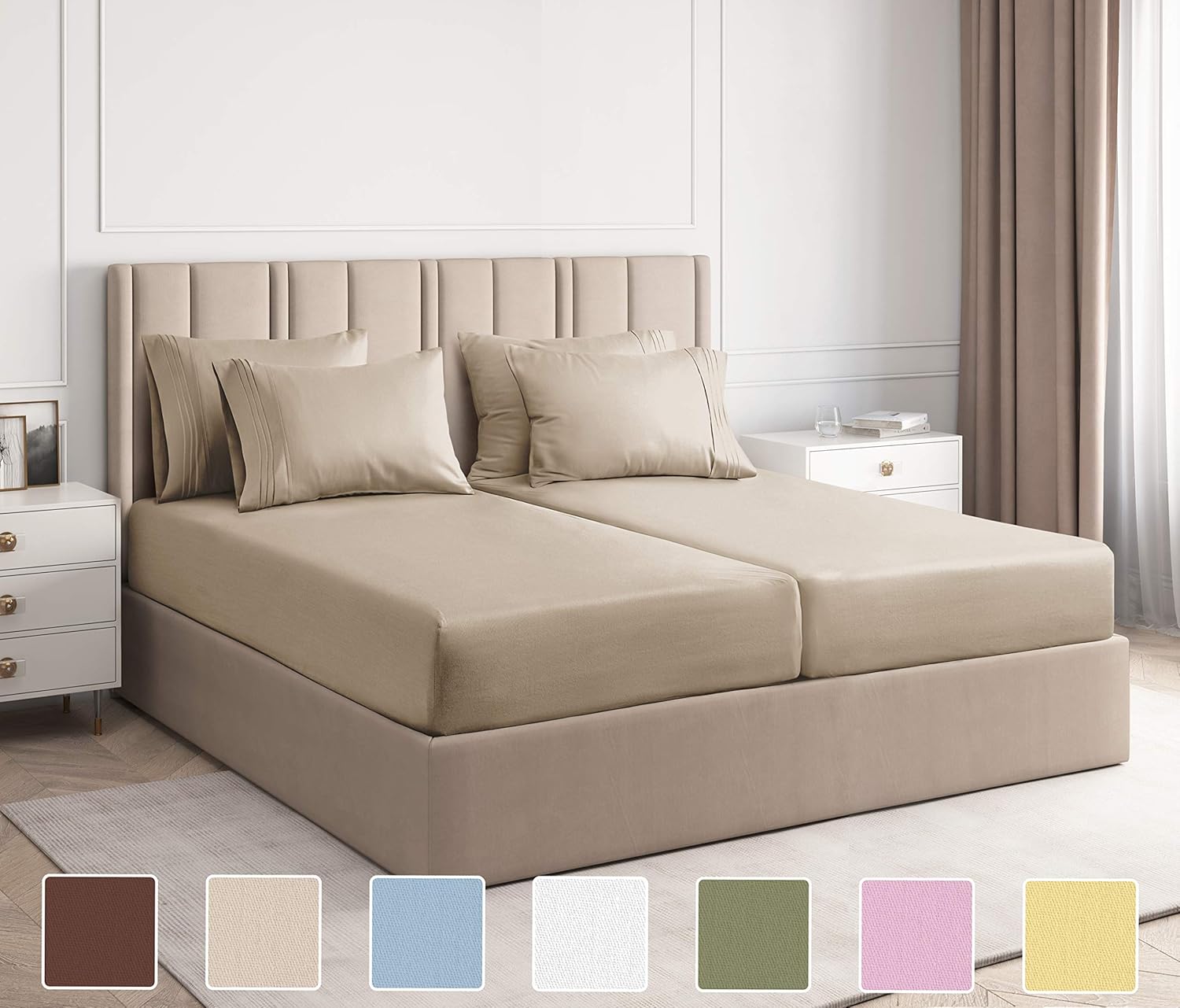 Split King Size Sheet Set - 7 Piece Set - Hotel Luxury Bed Sheets - Extra Soft - Deep Pockets - Easy Fit - Breathable & Cooling - Wrinkle Free - Comfy - Tan Beige Bed Sheets - Split Kings Sheets: Home & Kitchen