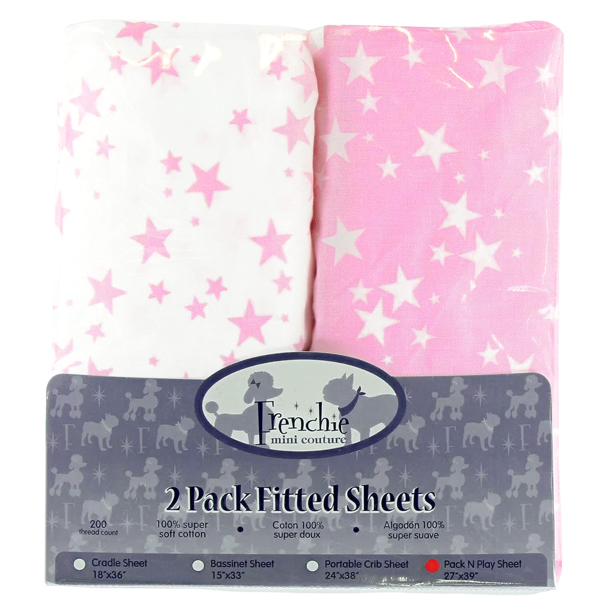 2 Pack Fitted Pack N Play Sheets, 27''x 39'", Pink and White Stars, Frenchie Mini Couture