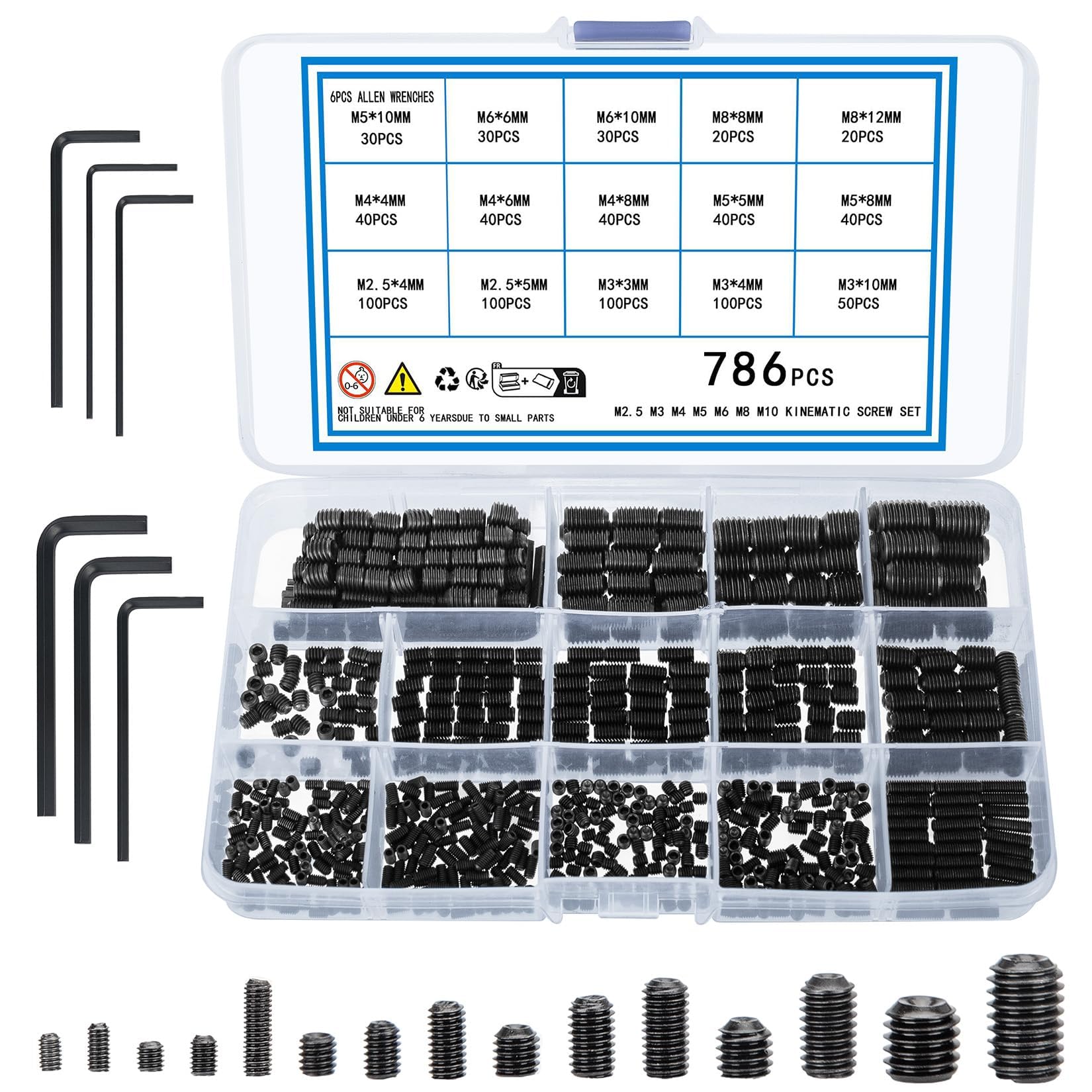 TOP-VIGOR 786Pcs Grub Screw Assortment Set, M2.5/M3/M4/M5/M6/M8 Hex Socket Head Set Screws(Cup Point), Threaded Fasteners for Door Handle, Faucet, Light Fixture Home Repairs, Fixtures