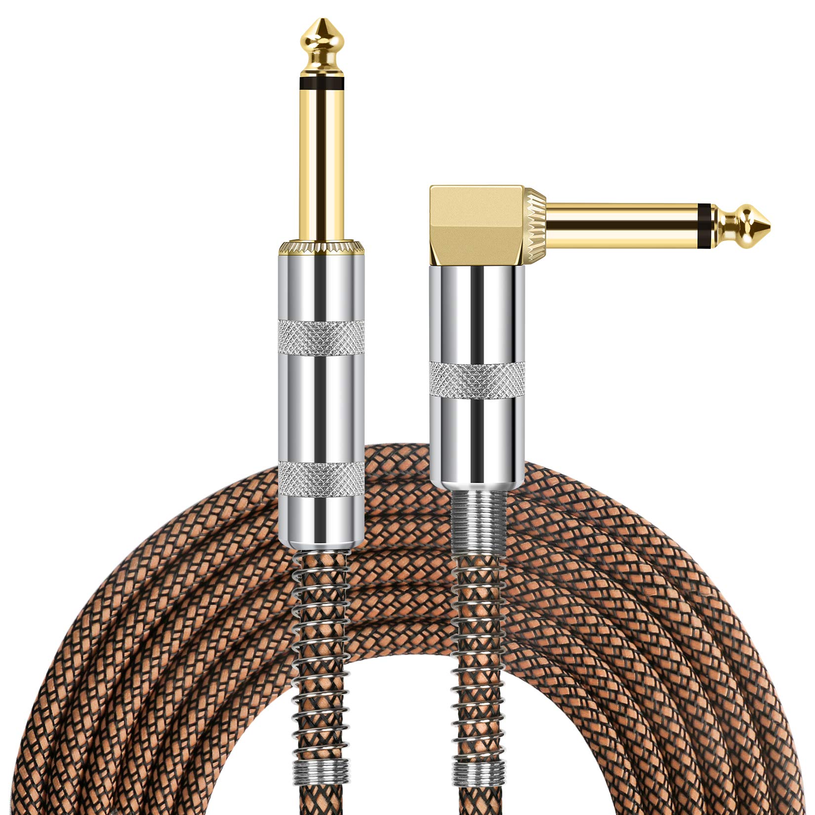 JOLGOO Guitar Cable, 1/4 Inch Cable 15 Ft, Straight to Right Angle 6.35mm Plug Bass Keyboard Instrument Cable, Orange and Black Tweed Cloth Jacket, Electric Mandolin, pro Audio