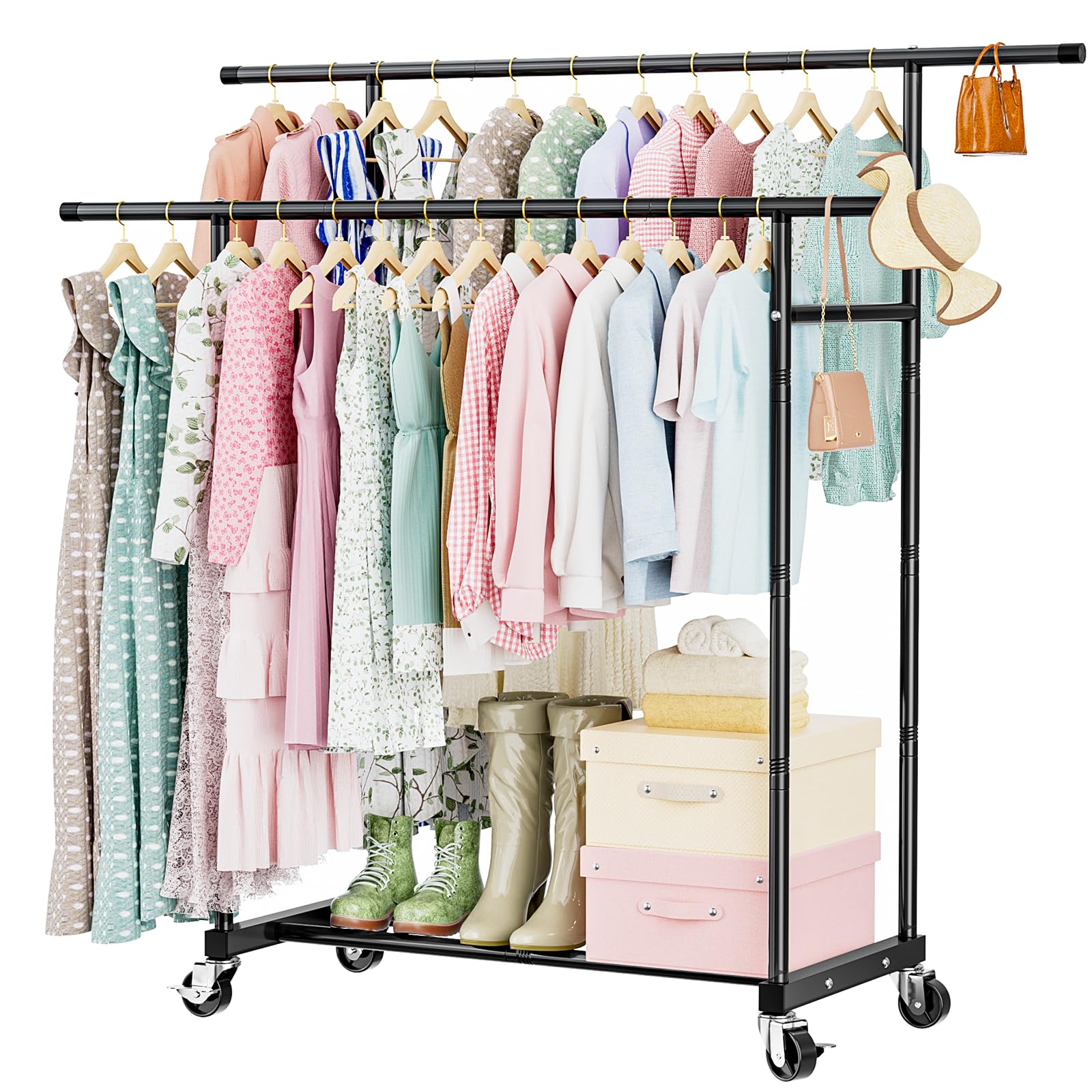 Photo 1 of Abiglifty Double Rods Clothes Rack for Hanging Clothes, Clothing Rack with Wheels, Portable Closet Organizer for Laundry, Room, Black