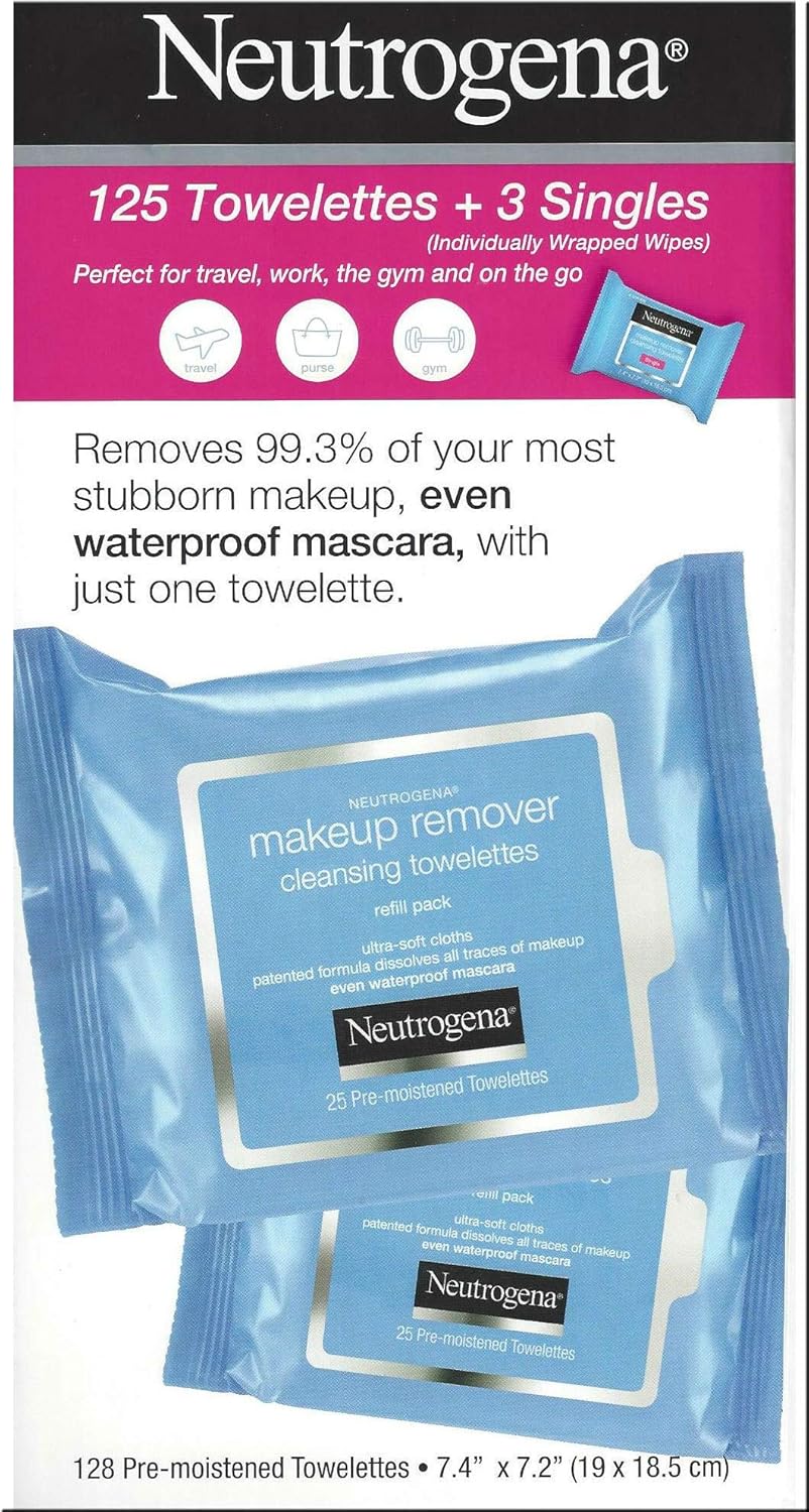 Neutrogena Makeup Remover Cleansing Towelettes, Daily Face Wipes to Remove Dirt, Oil, Makeup & Waterproof Mascara, 25 ct (5 pack + 3 Bonus Pouches): Beauty