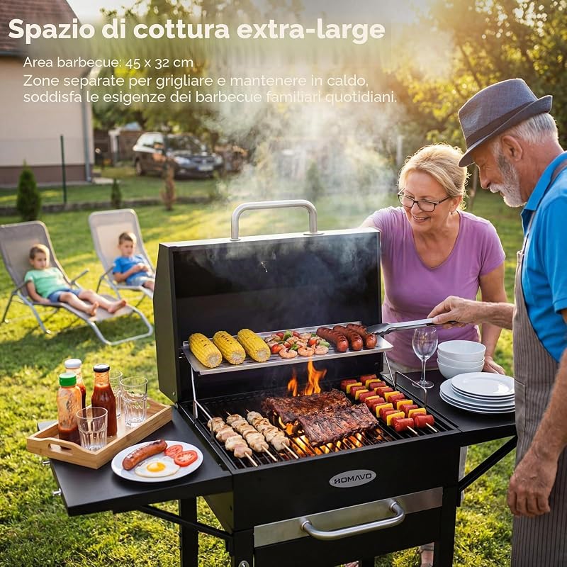 Barbecue a carbone con coperchio e copertura, Grill 2 in 1 compatto per balcone, Termometro integrato, Griglia mantenimento, Protezione esterno e facile da riporre