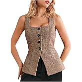 GORGLITTER Women's Tweed Blazer Vest Tops Sleeveless Square Neck Business Casual Cardigan Vests Western Cowgirl Outfits