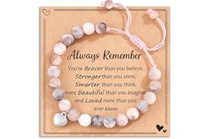 HGDEER 100% Natural Stone Adjustable Bracelets, Pink Zebra Jasper Heart Charm Jewelry, Trendy Birthday Teen Girl Gift Ideas with Quote Card & Gift Pouch