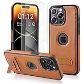 Korecase for iPhone 16 Pro Max Leather Case with Screen Protector & Kickstand,Built-in Invisible Stand Slim Shockproof Protective,Leather Phone Case for Apple iPhone 16 Pro Max 6.9-inch Brown