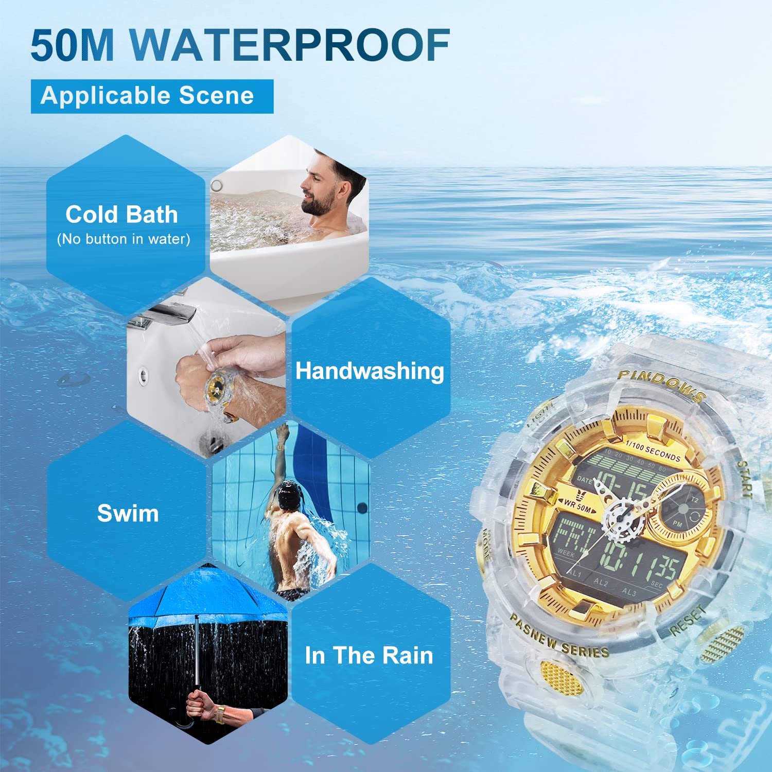 Mens Watch for Men Digital Sport Watch Transparent Gold Watches Waterproof Watches with 3 Alarms/Countdown/Stopwatch/Digital-Analog/Dual Time/Light/Military Multifunctional Wrist Watch