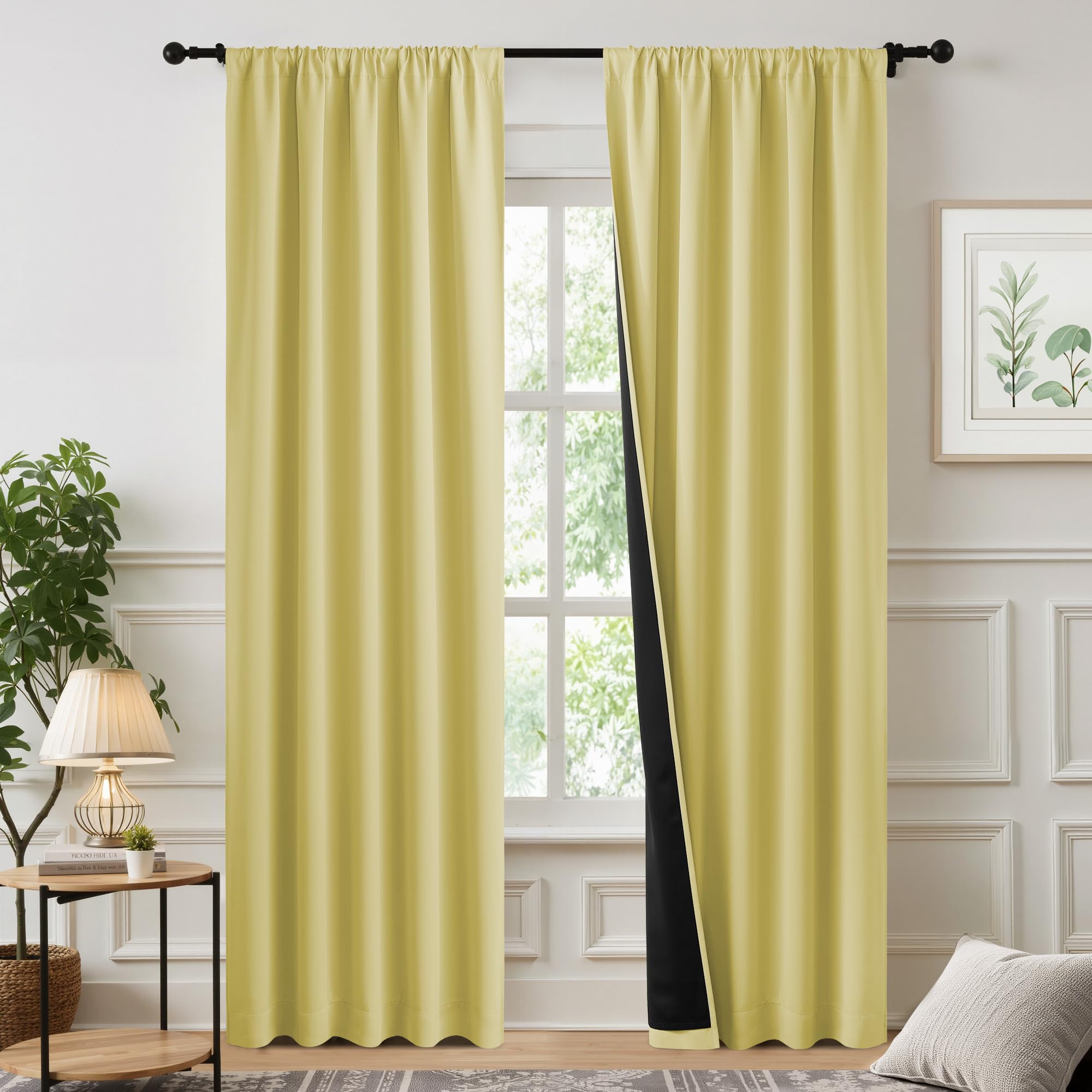 NICETOWN 100% Blackout Curtains for Patio Sliding Glass Door, Paler Yellow W52 x L84 Set of 2 Light Blocking & Soundproof Drapes,Rod Pocket Black Lined Window Treatment Panels Image