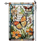 Jauageon Spring Butterfly Garden Flag Stained Glass Style Spring Summer Floral Flowers Garden Flag Vertical Double Sided Rustic Farmland Burlap Yard Lawn Outdoor Decor 12.5x18"