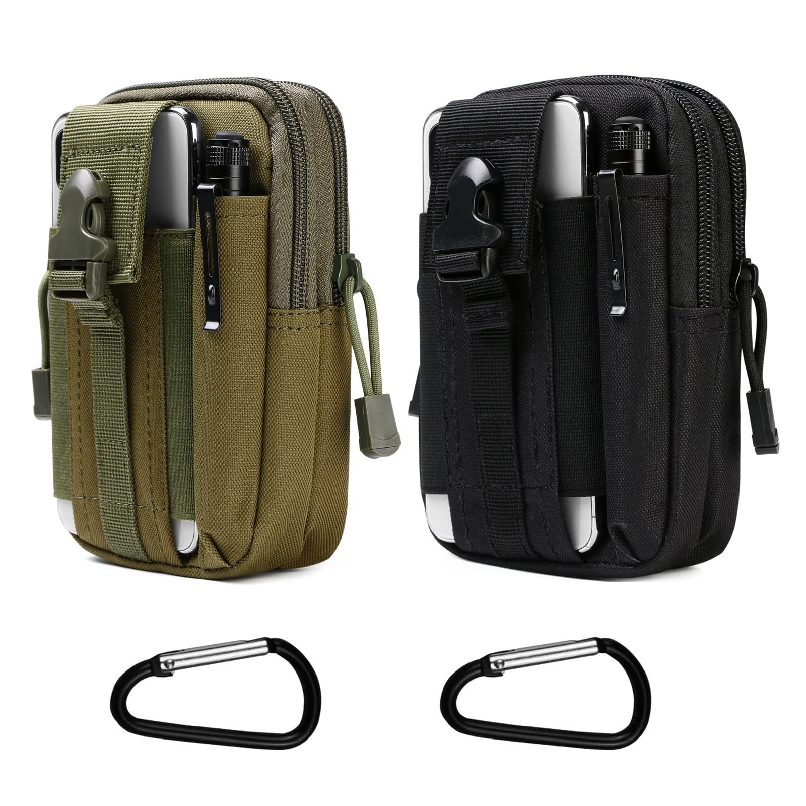 Flintronic Tactical Waist Bags, 2 Packs Universal Outdoor Waist Bag Molle EDC Pouch with Outdoor Hook, Utility Gadget Waist Bag for Sports, Hiking, Camping, Traveling - Black & Green