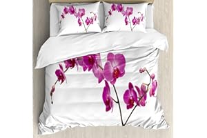 Ambesonne Magenta Duvet Cover Set, Wild Orchids Petal Florets Branch Romantic Flower Exotic Plant Nature Print, Decorative 3 Piece Bedding Set with 2 Pillow Shams, Queen Size, Violet