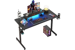 Bestier Small Gaming Desk with Monitor Stand, 42 inch LED Computer Desk, Gamer Desk with Cup Holder & Headset Hooks, Modern Simple Style Desk for Home Office PS5 Small Spaces, Carbon Fiber Black