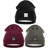 Hispeka Winter Beanie Hats for Women Men 3Pack,Fleece Lined Womens Winter Hats with Smiley Face