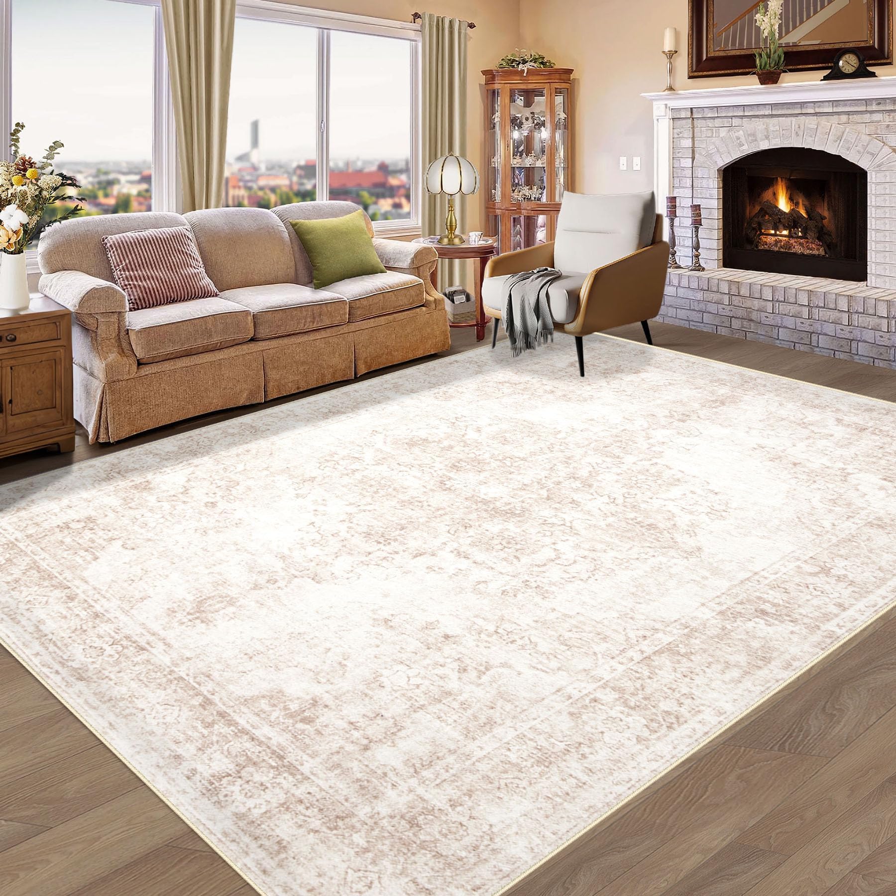 Photo 1 of Vintage Living Room Area Rug - 6x9 Large Machine Washable Boho Moroccan Rug Distressed Farmhouse Rugs for Bedroom - Soft Non-Slip Indoor Carpet for Dining Room Office Nursery(Retro Beige, 6'x9')