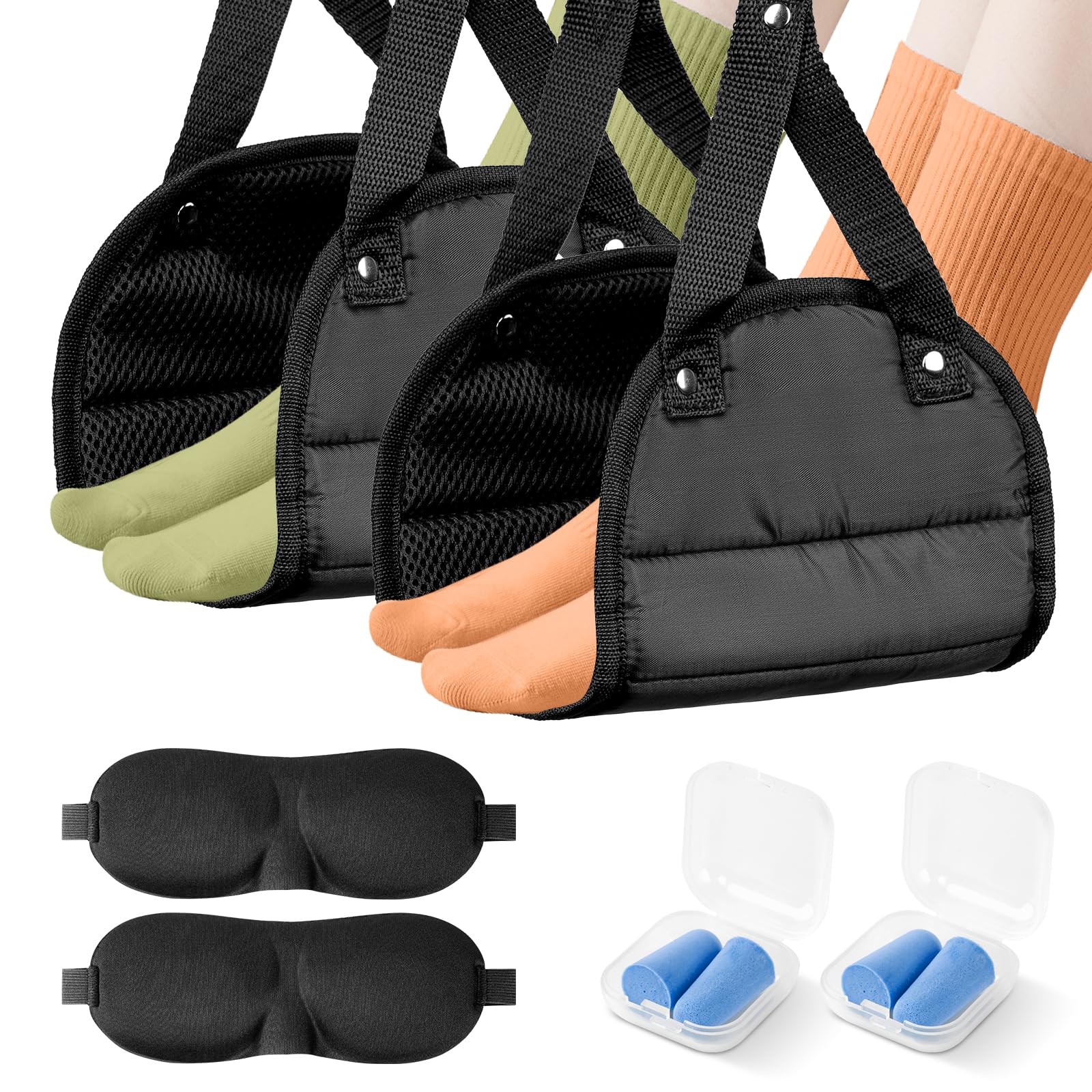Photo 1 of 2 Pack Airplane Foot Rest,Portable Airplane Foot Hammock for Under Desk at Work to Relax Your Feet,Adjustable Memory Foam Foot Rest for Air Travel with Ear Plugs and Eye Mask