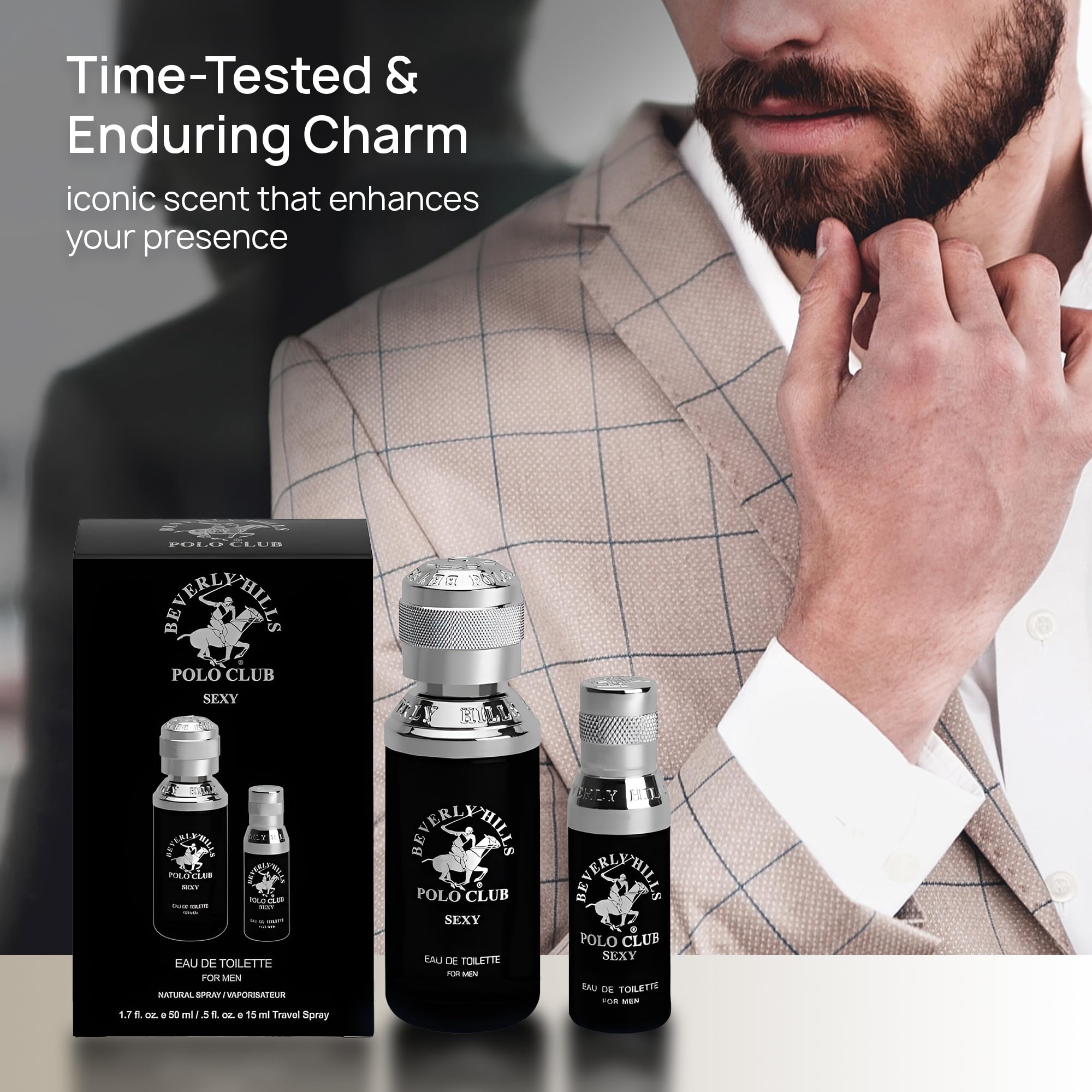 Beverly Hills Polo Club BHPC Men's Eau de Toilette Bonus Pack - Sexy Scent Cologne Gift Set (1.7 oz + 0.5 oz Travel Spray)
