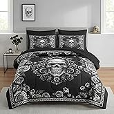 Nesker 7 Pcs Comforter Set Queen Size, Rose Gothic Skeleton Bedding Set for Kids and Adults, Black White Spooky Skull Bed Sheet Sets with Fitted Sheet 2 Pillowcases & 2 Shams