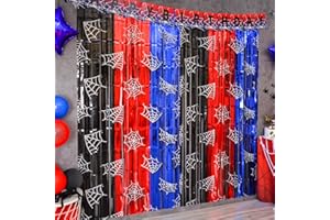 Bupelo Spider Web Birthday Decorations, 2 Pack Spider Party Supplies 3.3x6.6ft Tinsel Foil Fringe Curtains, Red Black, and Blue Photo Booth Prop Backdrop Streamer, Birthday Decor, Party Decor for Boys