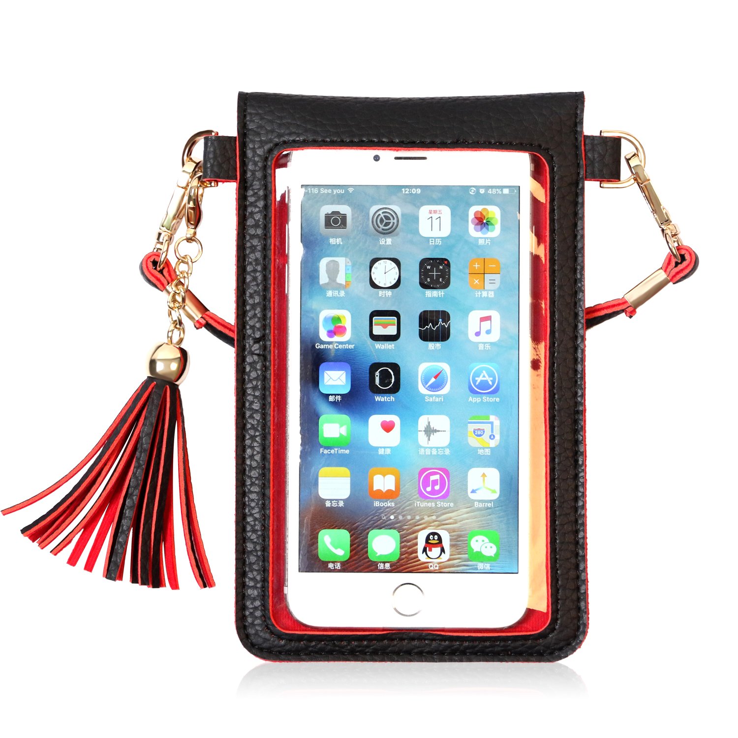 LKZAIY PU Leather Crossbody Bag Mini Phone Pouch with Shoulder Strap for iPhone 7 Plus, 6S Plus, 6 Plus, 7, 6S, 6, 5S, 5C, Samsung S8, S7 Edge, S6 Edge+, S6, S5, S4, J3, J7 (Black+Red)