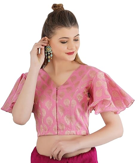 Aar Fashion Women's Banarasi Jacquard Non-Padded Saree Blouse in Pink
