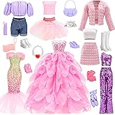 17 Pcs 11.5 Inch Dolls Fashion Pack 6 Set Clothing Includes Sequin Outfit Party Gown Chic Suits Stylish Dress Mermaid Dress 6 Pairs of Shoes 5 Accessories for Girl Dolls