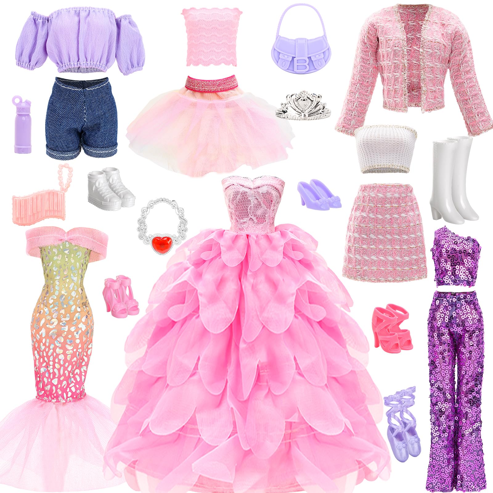 Photo 1 of 17 Pcs 11.5 Inch Dolls Fashion Pack 6 Set Clothing Includes Sequin Outfit Party Gown Chic Suits Stylish Dress Mermaid Dress 6 Pairs of Shoes 5 Accessories for Girl Dolls