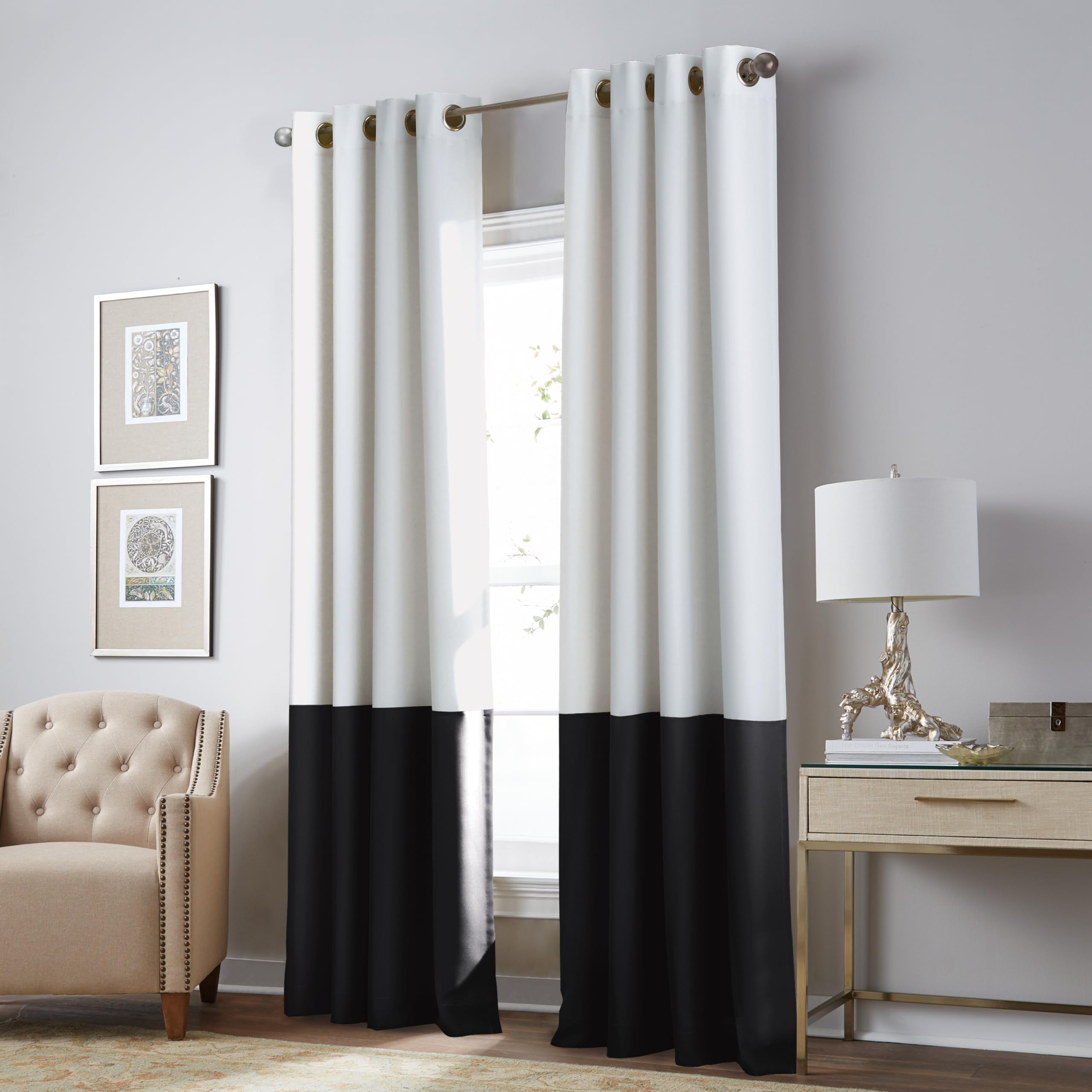 Curtainworks 1Q80370GWT Kendall Curtain Panel, 84 inch, White/Dark Grey,Single Panel.