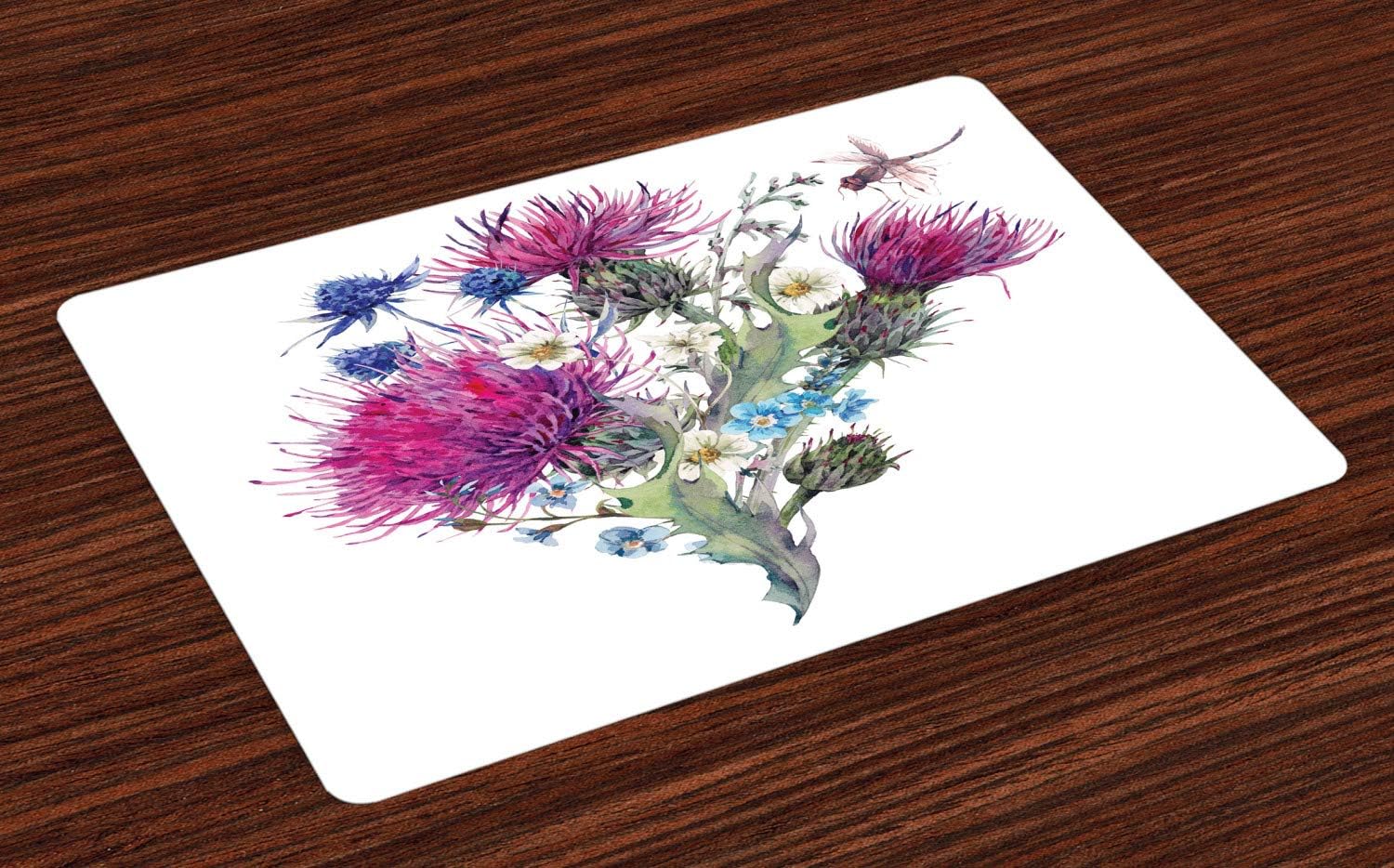 Ambesonne Dragonfly Place Mats Set of 4, Summer Natural Meadow Herbs Bouquet Wild Thistles Chamomiles Watercolor Boho Art, Washable Fabric Placemats for Dining Table, Standard Size, White Fuchsia