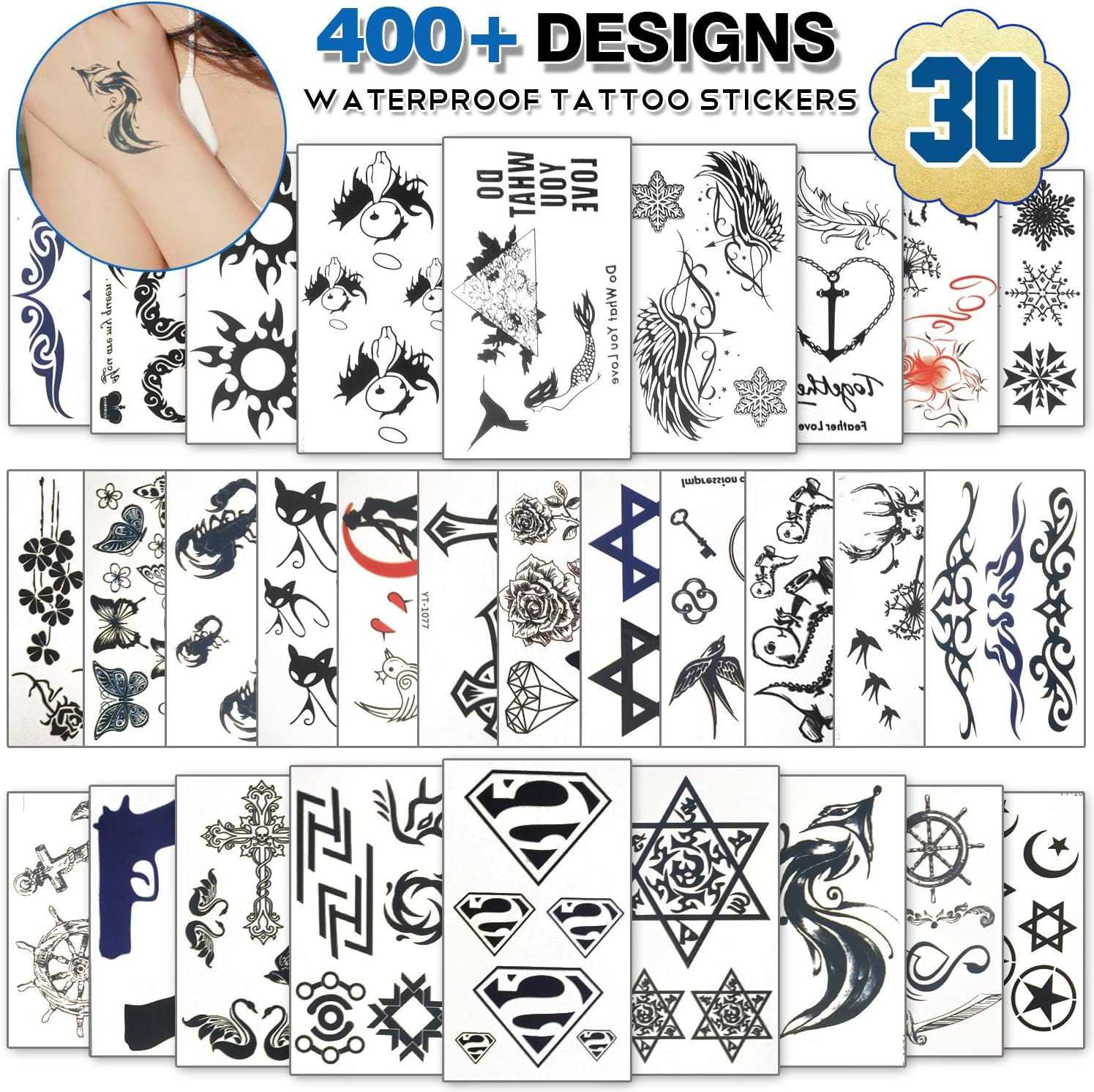 Temporary Tattoos for Adult Men Women Kids(30 Sheets), Waterproof Temporary Tattoo Fake Tattoos Body Art Sticker Cover Up Set (black flowers)