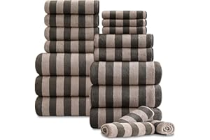 OLIVEN 18 Pcs Brown Cabana Stripe Family Towels Set with Hanging Loop-6 Bath Sheets,6 Hand Towels,6 Washcloths Ultra Soft Bathroom Towel Highly Absorbent Quick Dry Shower Towel for Beach Chair,Spa,Gym,Hotel
