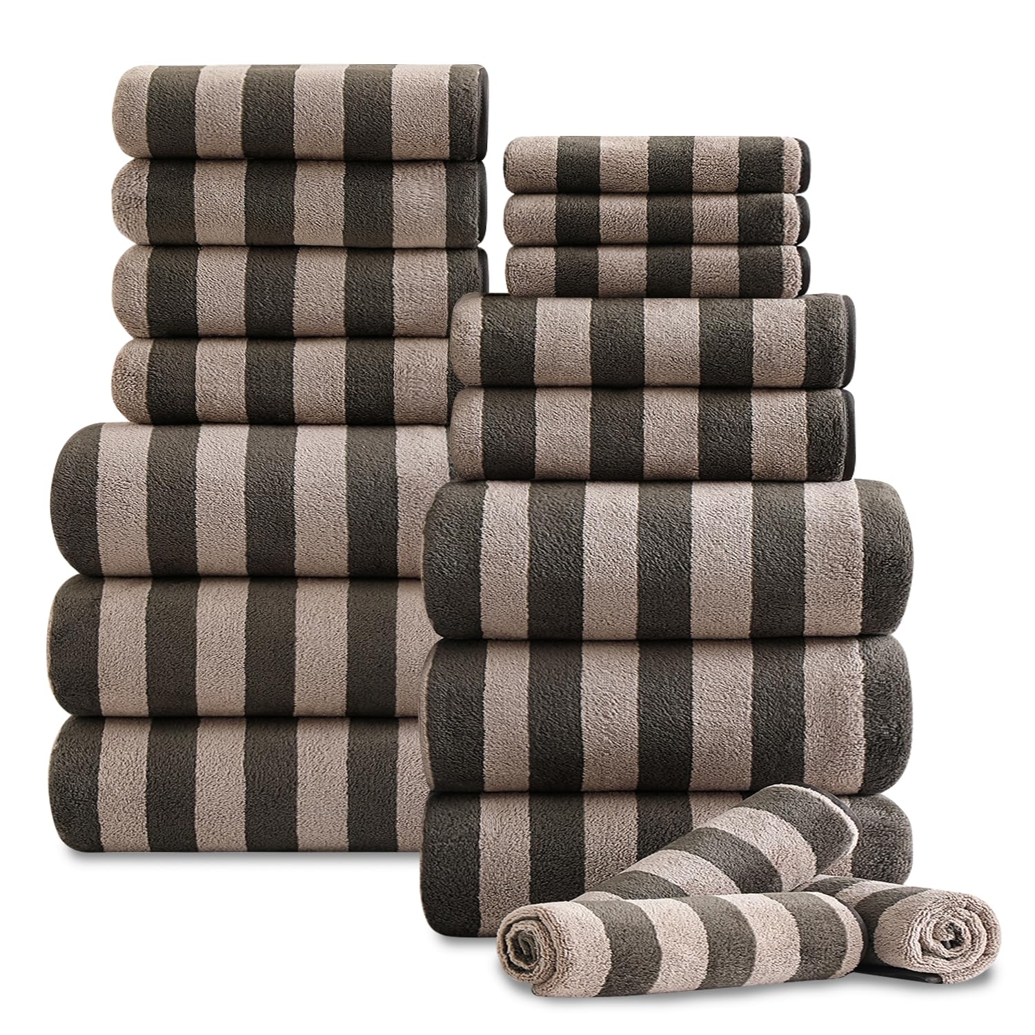 Photo 1 of 18 Pcs Brown Cabana Stripe Family Towels Set with Hanging Loop-6 Bath Sheets,6 Hand Towels,6 Washcloths Ultra Soft Bathroom Towel Highly Absorbent Quick Dry Shower Towel for Beach Chair,Spa,Gym,Hotel