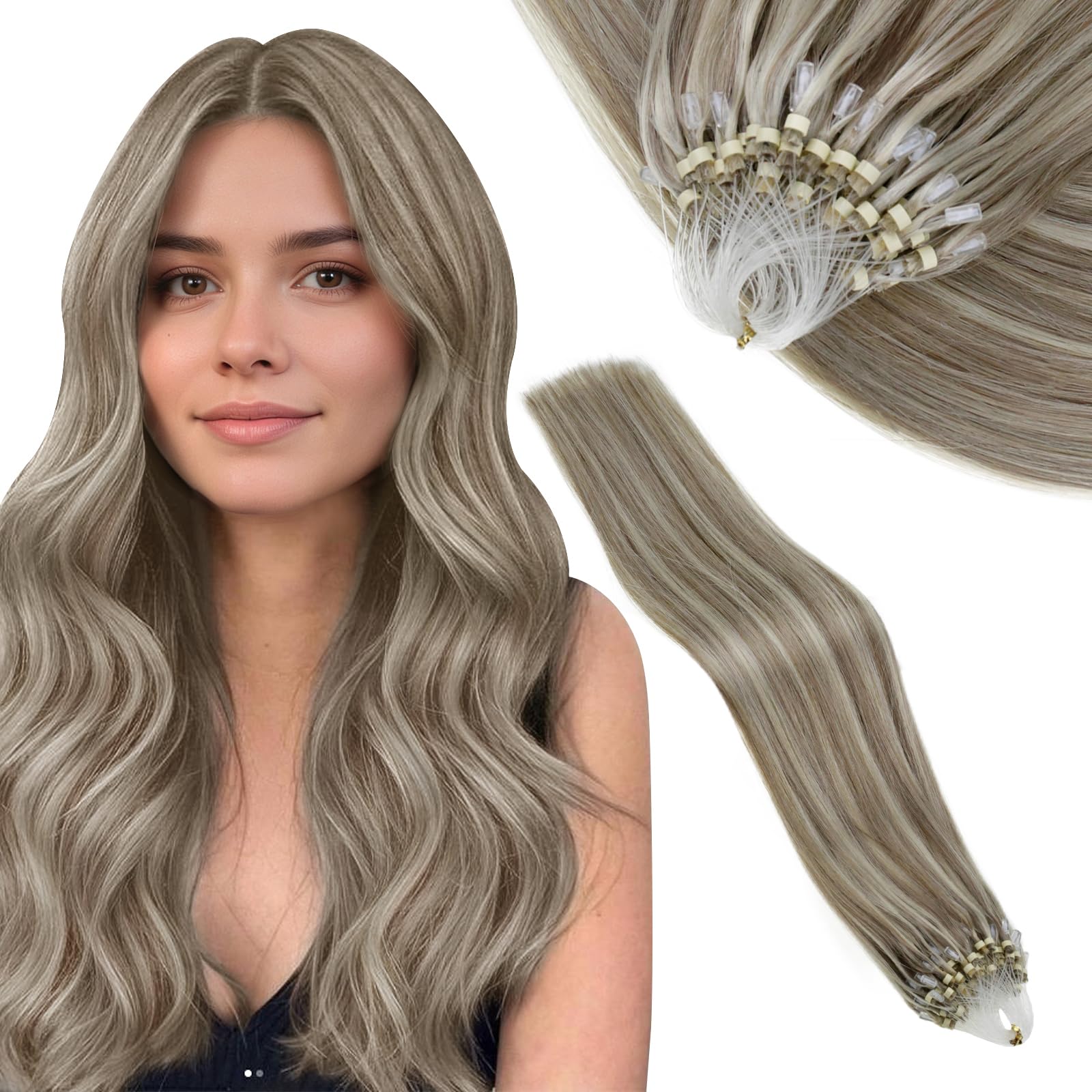 Vivien Extensions Micro Loop Real Human Hair 18 Inch Brown Highlight Hatural Hair Extensions Micro Beads Light Brown mix Platinum Blonde Invisible 50g 50s #8P60 โ image 1