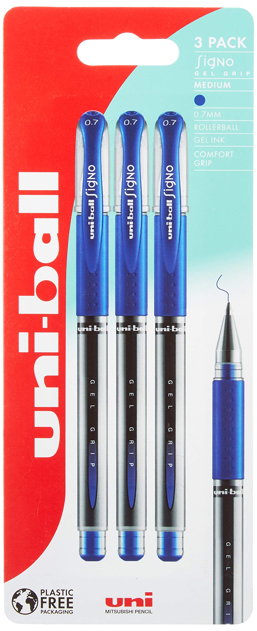Uni-Ball UM-151S Gel Grip Rollerball Pens. Premium Medium 0.7mm Ballpoint Nib for Super Smooth Handwriting, School, Journaling and Note Taking. Fade & Water Resistant Uni Super Ink. Pack of 3 Blue