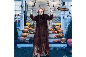 KEUCL Halloween Decorations, Hanging Swing Ghost with Voice Activated, Creepy Sound/Light Up Eyes, Halloween Animatronics Spooky Haunted House Holiday Prop for Outdoor Indoor Yard Garden Patio Trees