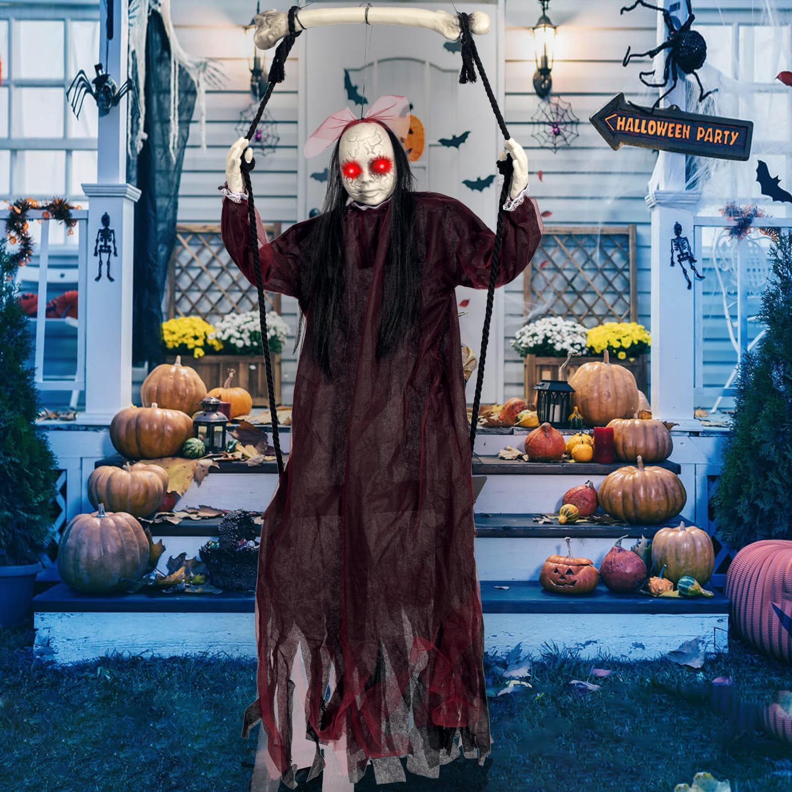 Photo 1 of KEUCL Halloween Decorations, Hanging Swing Ghost with Voice Activated, Creepy Sound/Light Up Eyes, Halloween Animatronics Spooky Haunted House Holiday Prop for Outdoor Indoor Yard Garden Patio Trees