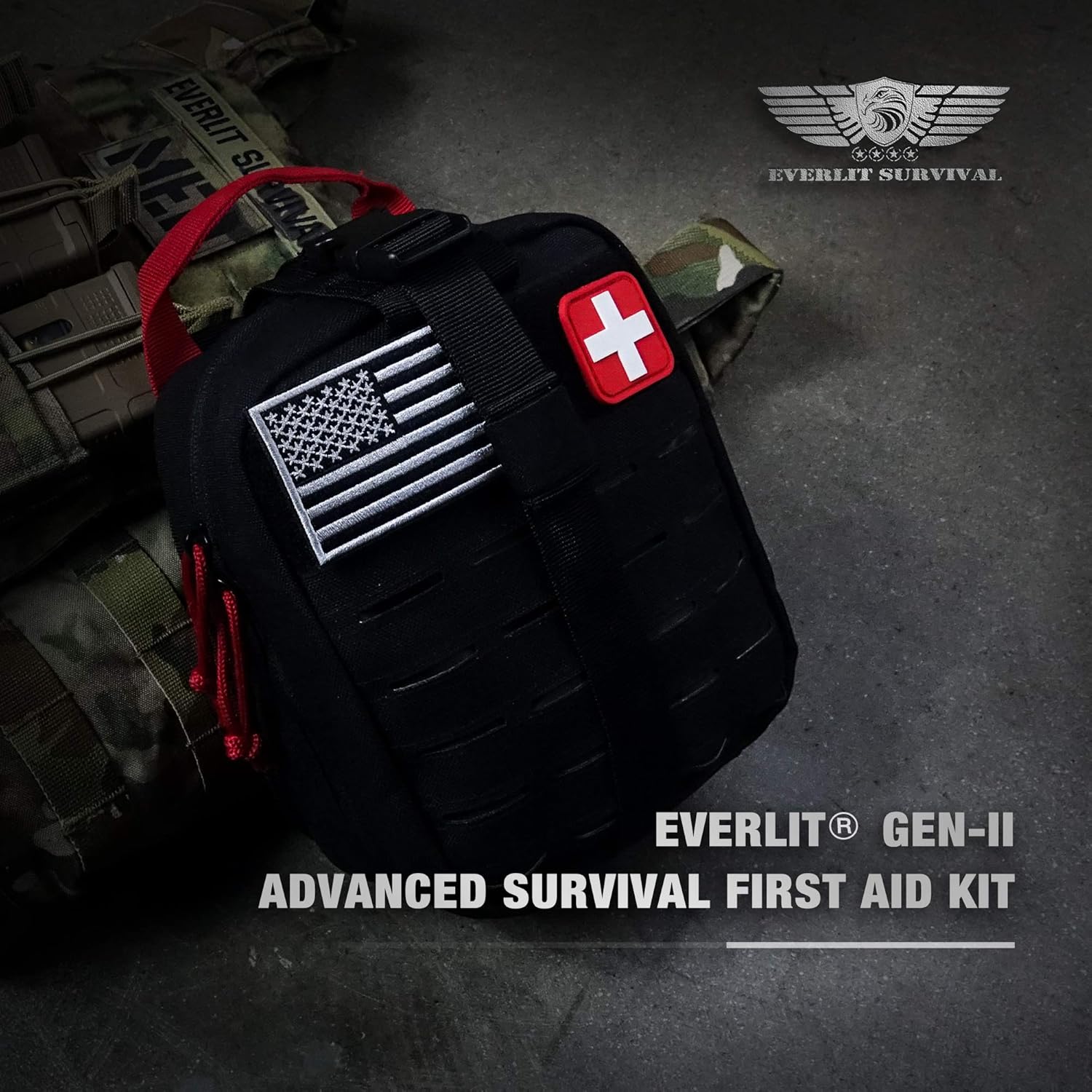 Everlit Survival Upgraded Survival First Aid Kit Emergency Gear Trauma Kit with 1000D Nylon Laser Cut Tactical EMT Pouch for Outdoor, Camping, Hunting, Hiking, Earthquake, Home, Office (Black): Health & Personal Care