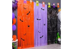 MEGA-LOOPOLIS Mega-L Halloween Foil Fringe Curtains, 3 Pack Orange Purple Black Photo Booth Props, 18 Pcs PVC Bat and Spider Stickers Decals Wall Decor, Summerween Backdrop for Halloween Party Decoration