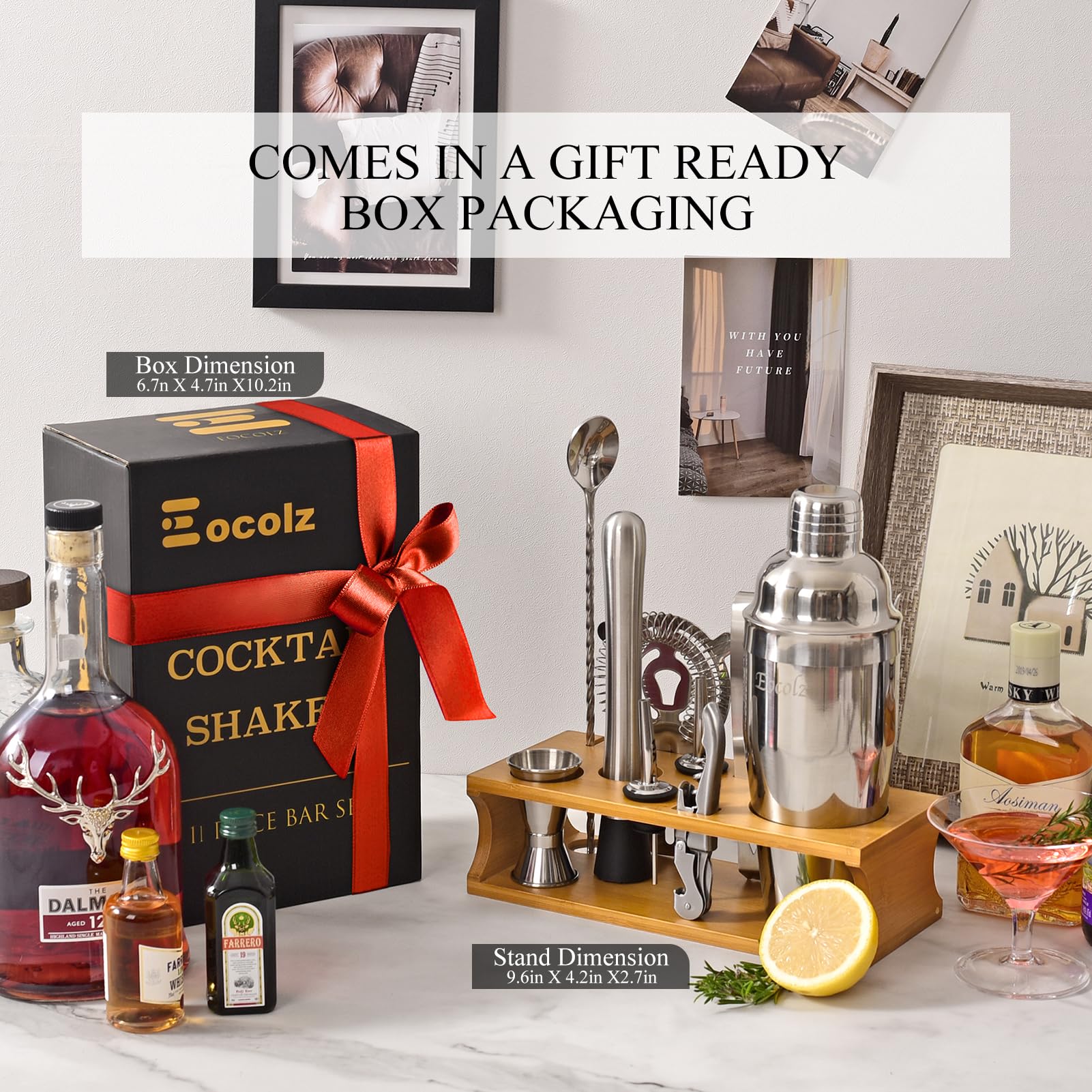 Bartender Kit Cocktail Shaker Set with Stand Bar Tool Bar Set for Drink Mixing Home Bartending Kit 11-Piece Bar Cart Accessories: Martini Shaker, Mixer Spoon, Jigger, Muddler, Strainer & Recipes Gifts - Image 2