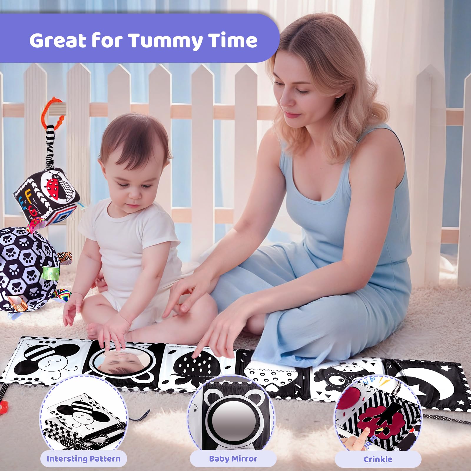 Black and White Sensory Toys for Babies, Montessori High Contrast Newborn Toys for 0-6-12M Baby Brain Development Early Learning Newborn Brain Development Toddlers Kids Gifts