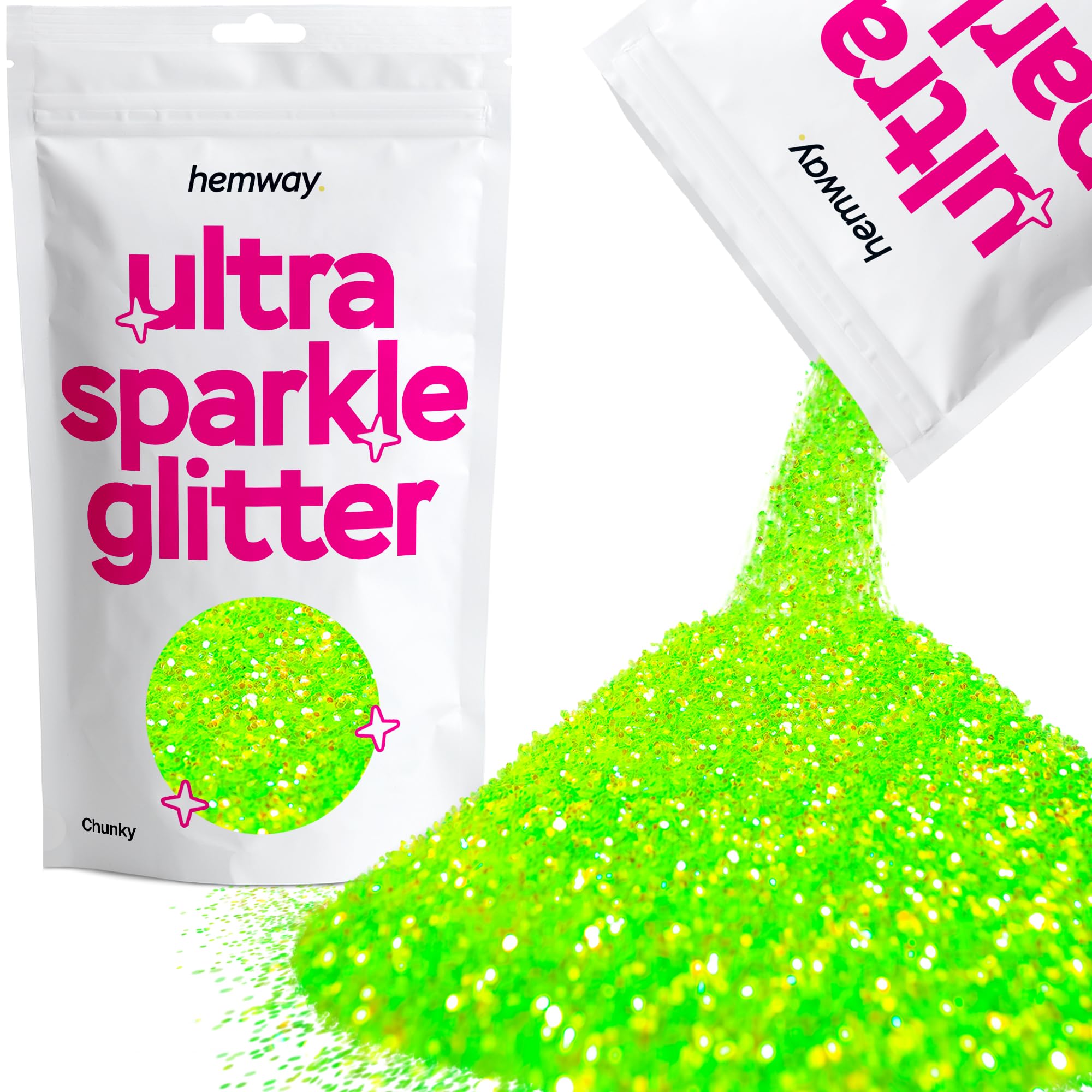 Hemway Ultra Sparkle Glitter Fluorescent Green 100g Chunky | Glitter for Arts & Craft, Makeup, Nail Art, Crafting, Card Making, Sparkle Decoration — image 1