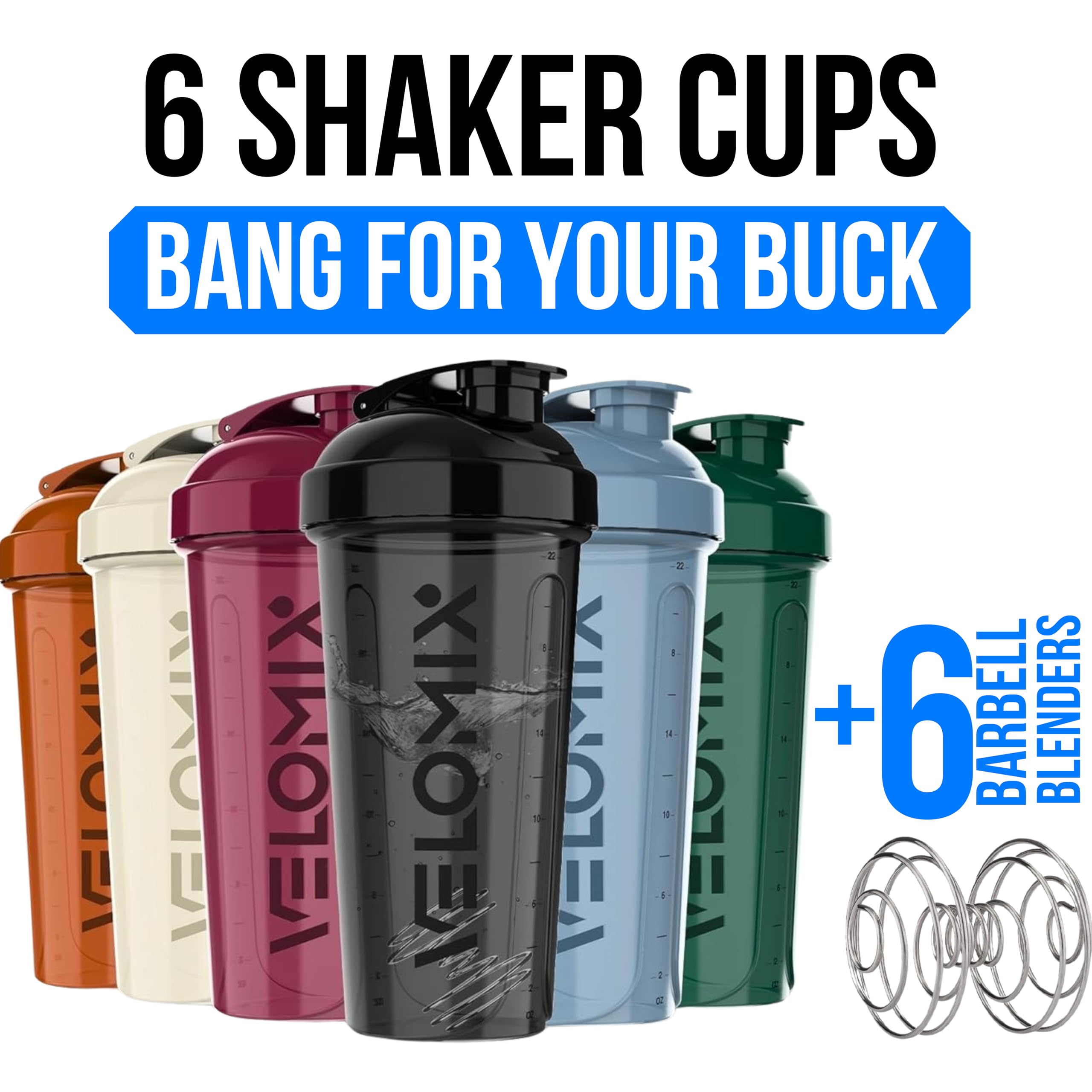 -6 PACK- 28 oz Protein Shaker Bottle for Protein Mixes - 6x Wire Whisk | Leak Proof Shaker Cups for Protein Shakes | Protein Shaker Bottle Pack | Protein Shake Cup (Earth Tones Collection)