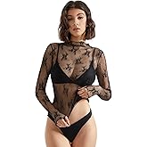SUUKSESS Women Sexy Mesh Sheer Long Sleeve Tops Mock Neck Going Out Lace Shirts