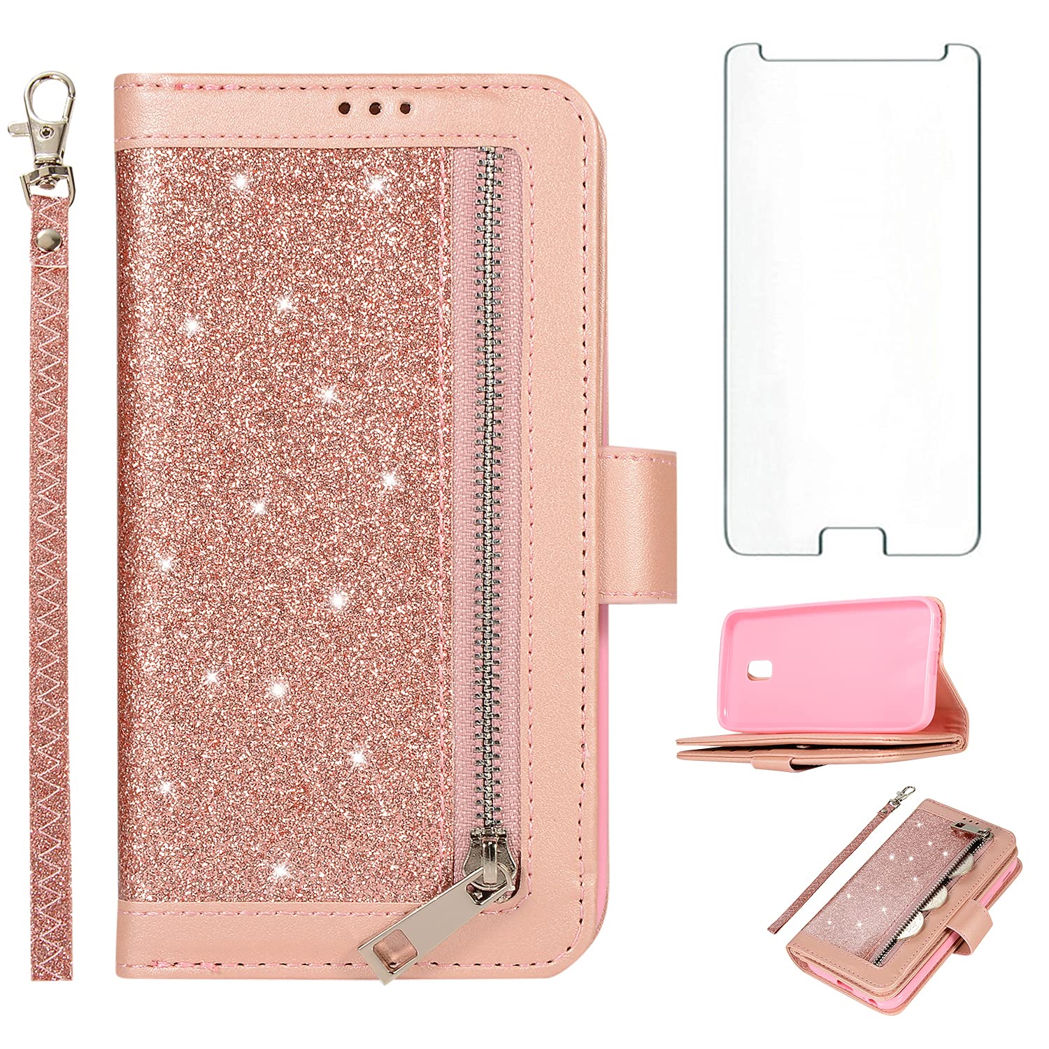 Asuwish Compatible with Samsung Galaxy J3 Luna Pro J 3 Prime 2017 Emerge 3J Eclipse Mission Wallet Case and Tempered Glass Screen Protector Zipper Card Holder Phone Cases for Glaxay S327VL Rose Gold