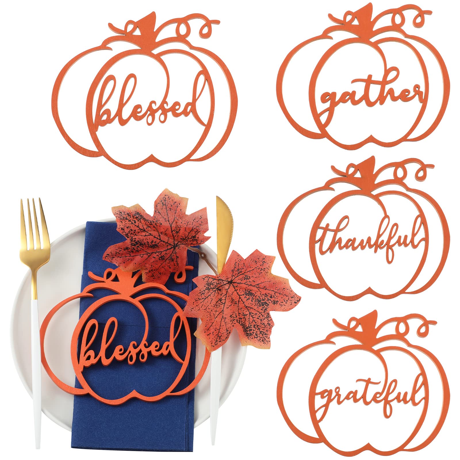Photo 1 of 12 Pcs Thanksgiving Wooden Grateful Plates Decor Thanksgiving Table Decor Pumpkin Wood Cutout Place Cards Sign Place Setting Thankful Blessed Sign for Farmhouse Home